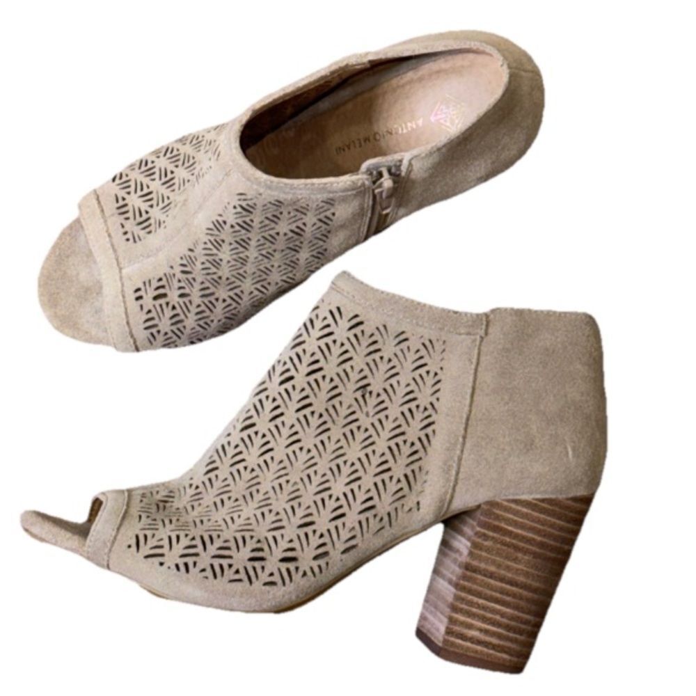ANTONIO MELANI Beige Wood Stacked Heeled Ankle Booties with Perforated Design